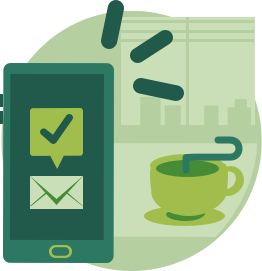 Ilustração mostrando a esquerda, em primeiro plano, um celular recebendo um e-mail e a direita, em segundo plano, uma xícara com café. #pracegover