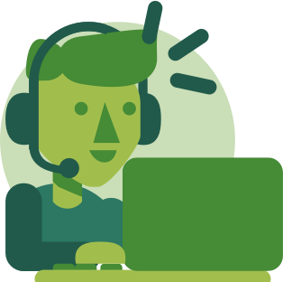 Ilustração de uma pessoa com headset falando e mexendo no computador.
