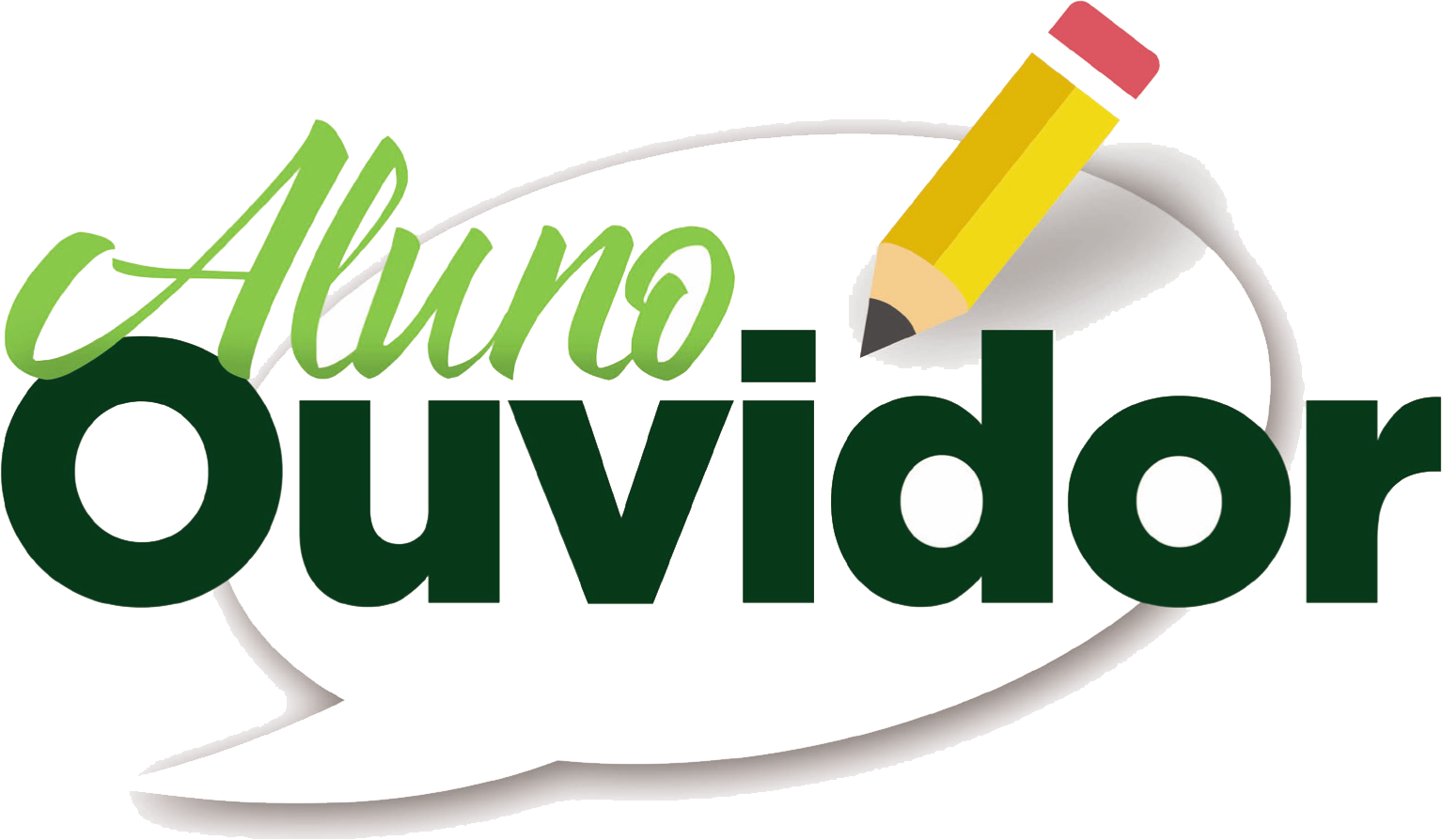 Logo com os dizeres Aluno Ouvidor em tons de verde sobre um balão de fala branco com um lápis próximo.