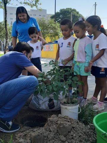 crianças acompanham plantio #paratodosverem