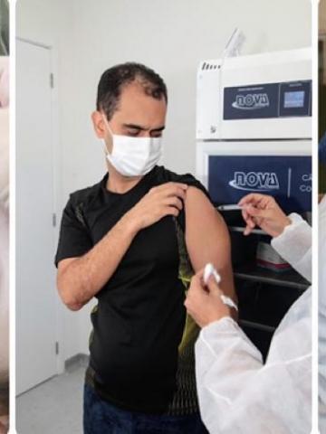 três fotos lado a lado. Um bebê tomando a gotinha, um homem e um idoso sendo vacinados no braço. #paratodosverem
