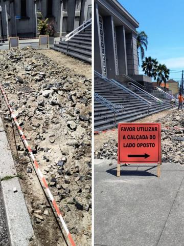 obras em calçada diante de fórum. #paratodosverem