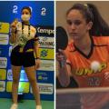 Duas fotos, uma com atleta mostrando medalha e a outra jogando tênis de mesa #paratodosverem