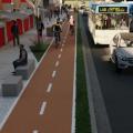 ilustração de rua com calçada à esquerda, ciclovia e a faixa de rolamento para veículos. #paratodosverem
