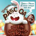 cartaz com coelho dentro de ovos de chocolate e informações sobre as doações. #paratodosverem