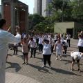 aula de tai chi chuan com professor de costas para imagem fazendo movimento que é repetido pelos alunos à frente. #paratodosverem 