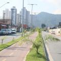 Avenida reurbanizada, com pistas dos dois lados, ciclovia ao centro, postes de iluminação e paisagismo. #paratodosverem