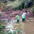 homens uniformizados estão dentro de rio com água na altura da coxa. Eles mexem em galhos que estão obstruindo trecho. Há mata nas laterais #paratodosverem