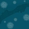 Card com silhueta de mapa da região da Baixada Santista e ilustração de vírus. #Paratodosverem 