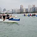duas embarcações com seis remadores em cada está no mar. #paratodosverem