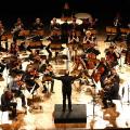Músicos da orquestra são regidos pelo maestro Luiz Petri, de costas e ao centro da imagem. #pratodosverem. 