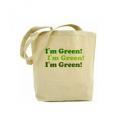 sacola de tecido com estampa onde se lê I'm green, em inglês, que quer dizer Eu sou verde, no sentido de ecológiica. #paratodosverem