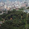 Foto aérea do Monte Serrat com prédios de Santos ao fundo. #paratodosverem