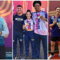 três fotos com atletas segurando medalhas e troféus #paratodosverem