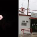 imagem da lua, a noite, e ao lado, da fachada da gibiteca #paratodosverem