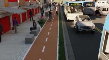 ilustração de rua com ciclovia, calçada, bancos, pista e veículos. #paratodosverem