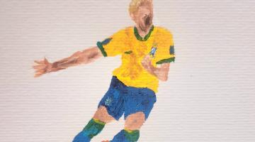 pintura mostra o jogador Neymar Jr. com o uniforme da seleção brasileira, me movimento. #paratodosverem 