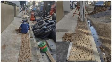duas imagens de mesmo trecho lado a lado mostrando colocação de pedras em calçadas e, ao lado, a calçada pronta. #paratodosverem