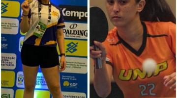 Duas fotos, uma com atleta mostrando medalha e a outra jogando tênis de mesa #paratodosverem