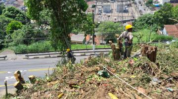 homens trabalhando em terreno com terra e grama. #paratodosverem