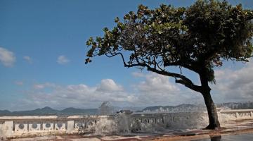 Mar bate na mureta da Ponta da Praia e avança para a calçada e pista. #Paratodosverem