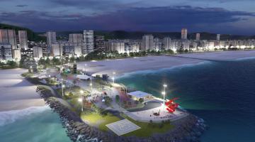 Vista aérea noturna do parque remodelado e iluminado. #pracegover