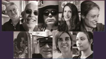 oito atores do filme Afetozine em preto e branco.#paratodosverem