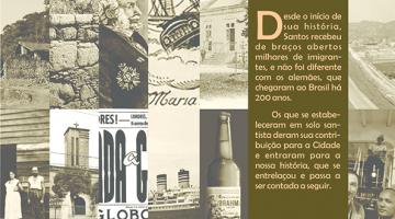 cartaz da exposição onde se lê Brasil e Alemanhã, 200 anos de história, a presença alemã em Santos. #paratodosverem 