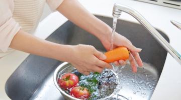 Mãos estão lavando cenoura sob jato de torneira. Abaixo há uma vasilha cheia d'água com tomates. #Paratodosverem