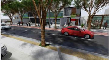 vista geral do projeto para a via, com calçadas e pista de veículos. #paratodosverem