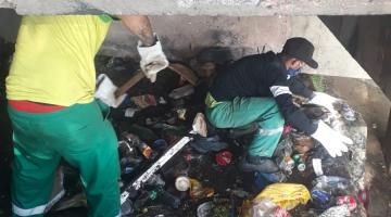 Dois homens limpam local cheio de lixo. #paratodosverem