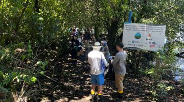 pessoas estão no meia de um mangue com vegetação. #paratodosverem 