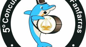 logotipo do evento com um tubarão usando chapéu e tocando um bumbo. #paratodosverem