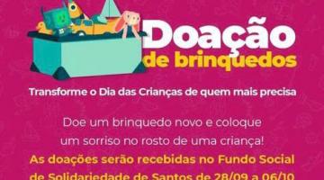 cartaz da campanha com arte de bonecos, bicho de pelúcia e caixa de brinquedos. #paratodosverem