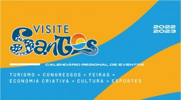 Arte do calendário regional com a frase Visite Santos em destaque. #paratodosverem