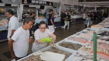 pessoas olhando camarão no mercado #paratodosverem