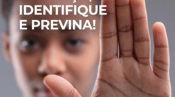 capa de cartilha com mulher com a palma da mão estendida, num sinal de 'pare'. Está escrito: Violência contra a mulher: conheça, identifique e previna!. #paratodosverem