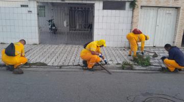 quatro operários durante a capinação #paratodosverem 