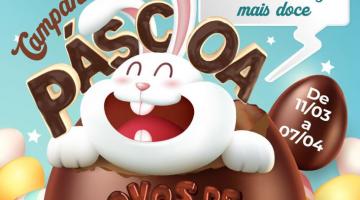 cartaz com coelho dentro de ovos de chocolate e informações sobre as doações. #paratodosverem