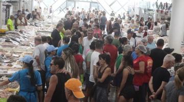 grande público circulando no mercado de peixes entre os boxes. #paratodosverem 
