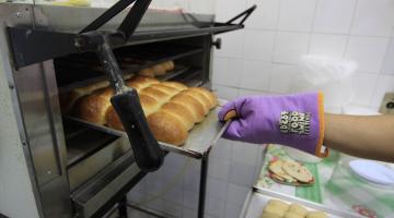 mão com luva retira bandeja com pães de dentro de forno. #paratodosverem 