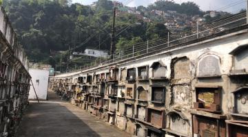 Foto de dentro do cemitério com cerca em cima do muro. #paratodosverem