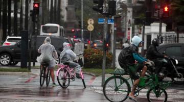 pessoas de bicicleta na chuva #paratodosverem