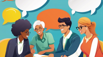 arte com pessoas conversando mas com balões de diálogo vazios. #paratodosverem
