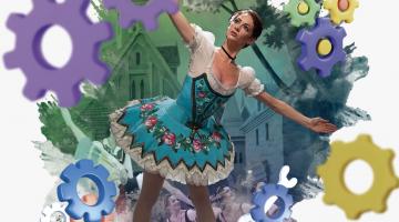 arte para ‘Coppélia, com um bailarina em pé e de braços abertos. #paratodosverem