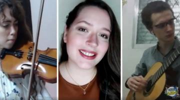 Ilana Moreno, no violino; Paula Batalha, e Luiz Mateus, no violão. #Paratodosverem