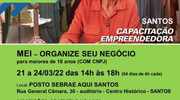 vartaz digital do curso com a foto de uma mulher usando máscara. No alto se lê Empreenda Rápido presencial. Santos Capacitação Empreendedora. #paratodosverem