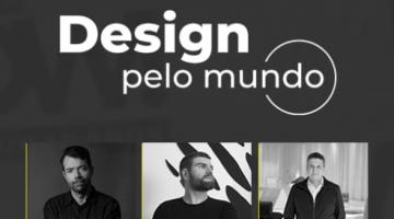 Banner de divulgação do evento Design pelo Mundo com fotos de três profissionais. #pracegover