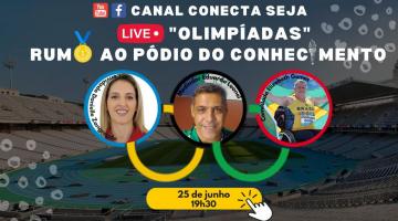 imagem dos convidados - Dani Zangrando, Educardo Leonel e Beth Gomes. As imagens dos rostos estão dentro dos círculos olímpicos. #paratodosverem