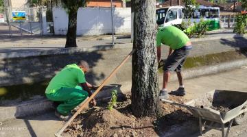 homens uniformizados estão mexendo na terra ao lado de árvores. #paratodosverem